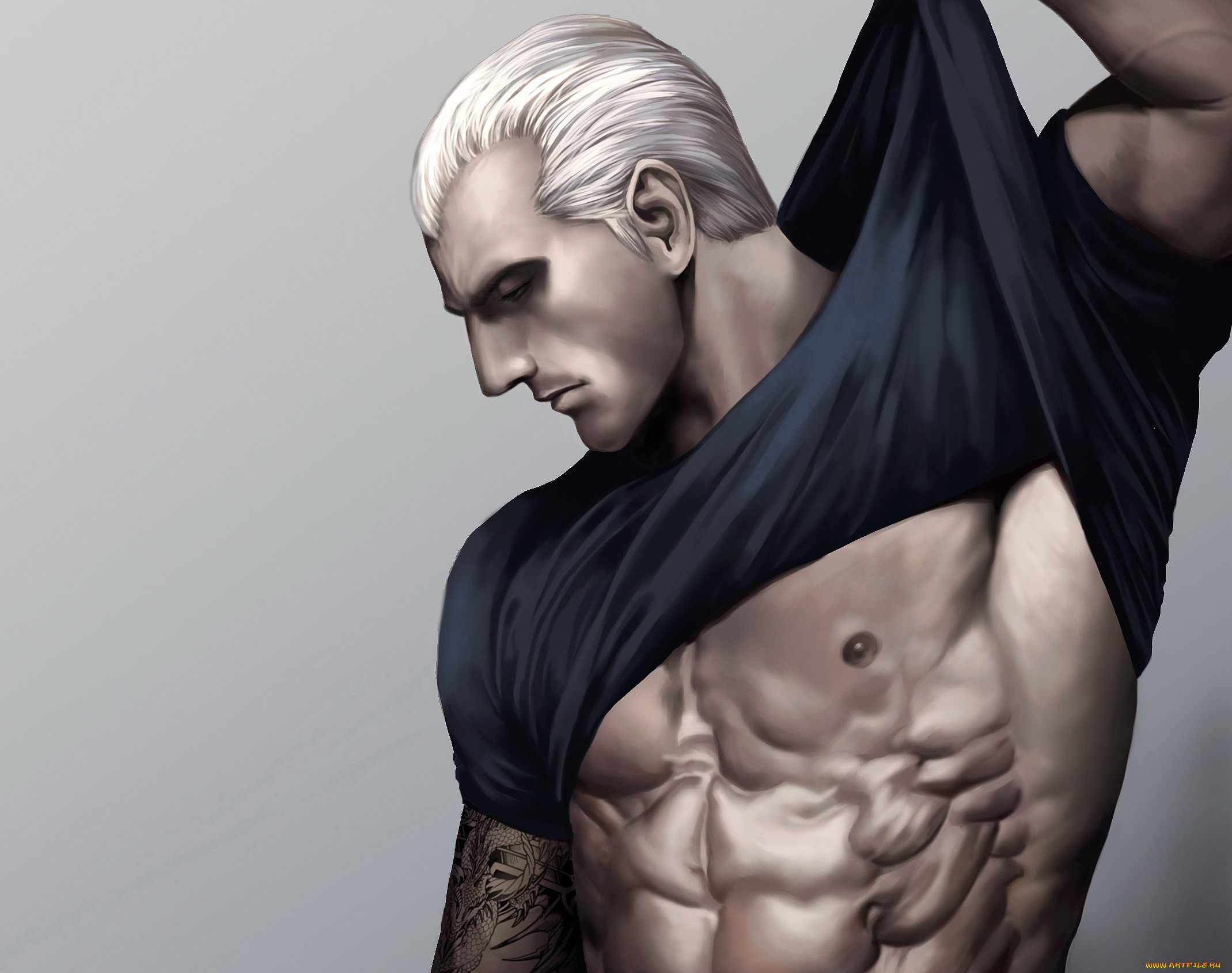 рисованное, aenaluck, мужчина, блондин, торс, футболка, тату