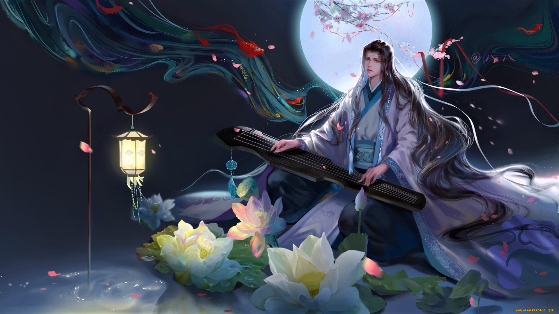 аниме, mo, dao, zu, shi, лань, ванцзи, гуцинь, лотосы, луна, фонарь