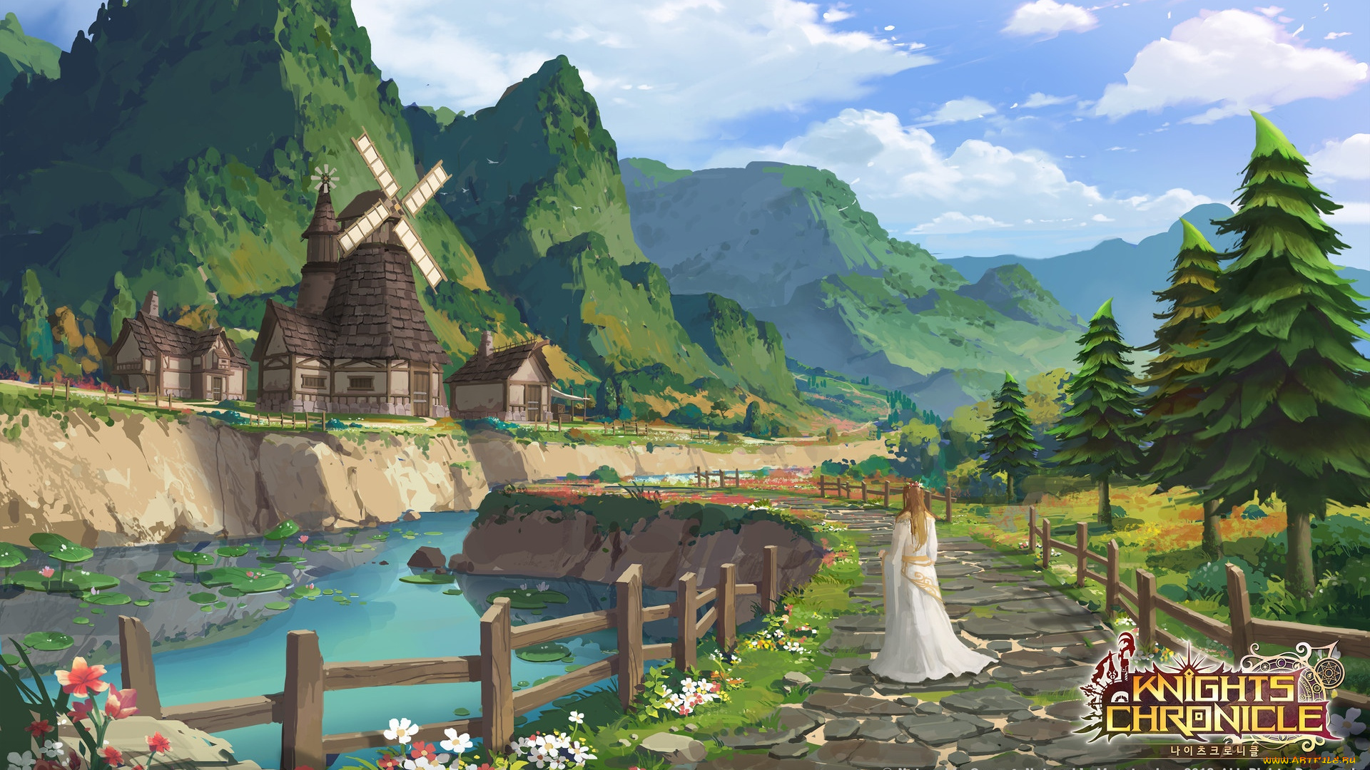 видео, игры, knights, chronicle, девушка, дорога, река, мельница, горы