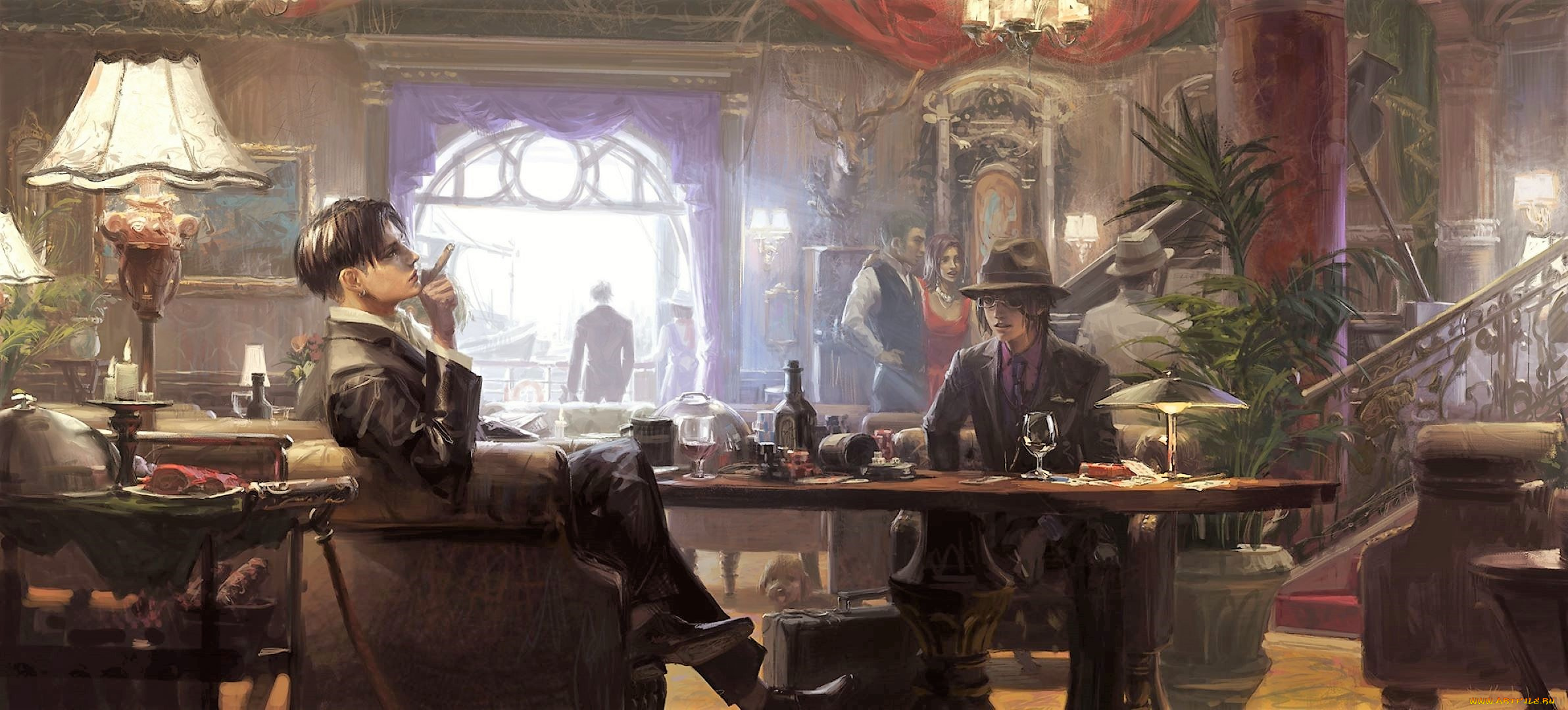 аниме, shingeki, no, kyojin, люди, стол, сигара, лестница, шляпа