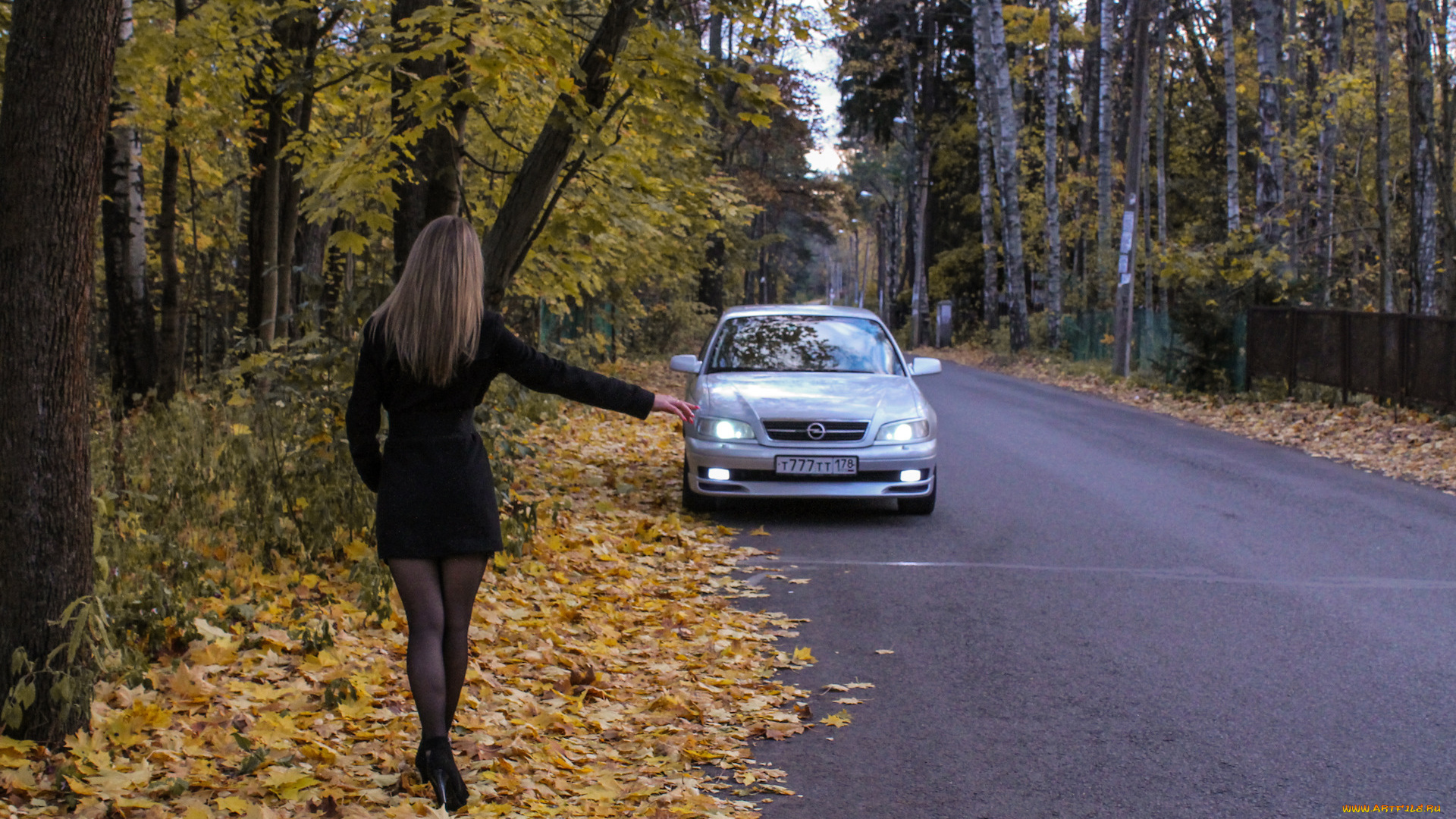 автомобили, -авто, с, девушками, девушка, дорога, опель, светлый, лес, осень, автостоп