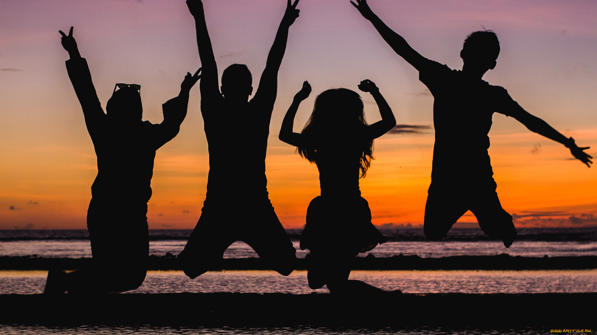 разное, люди, компания, силуэты, прыжок, море, закат