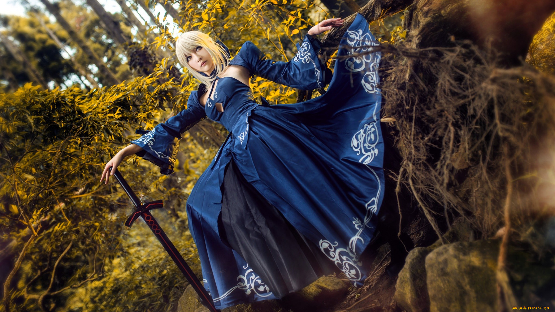 девушки, -, креатив, , косплей, образ, косплей, наряд, костюм, меч, деревья, лес