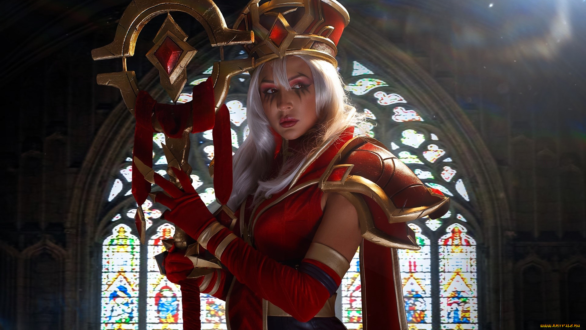 девушки, ольга, кожевникова, , lady, bell, образ, косплей, наряд, костюм, посох, окно, витраж