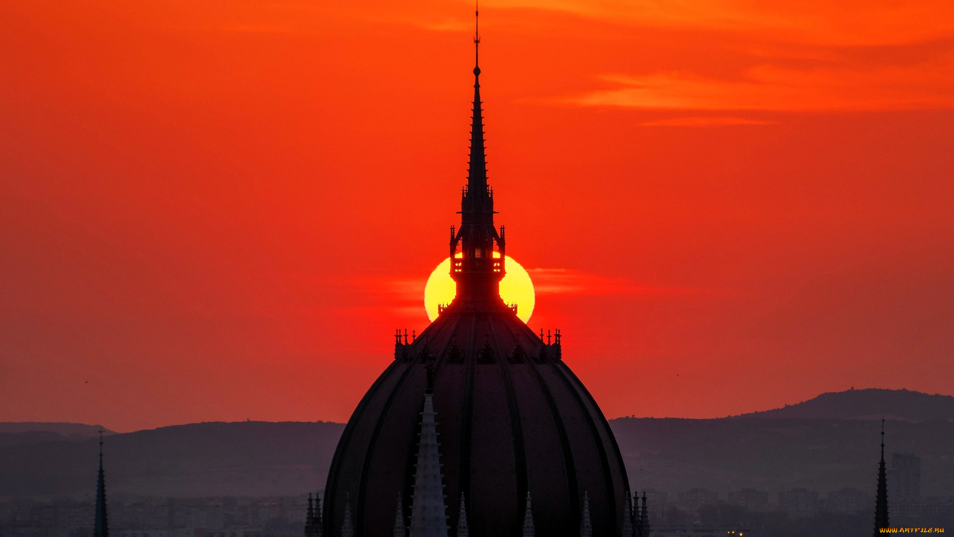 города, -, панорамы, закат, город, солнце, купол, шпили