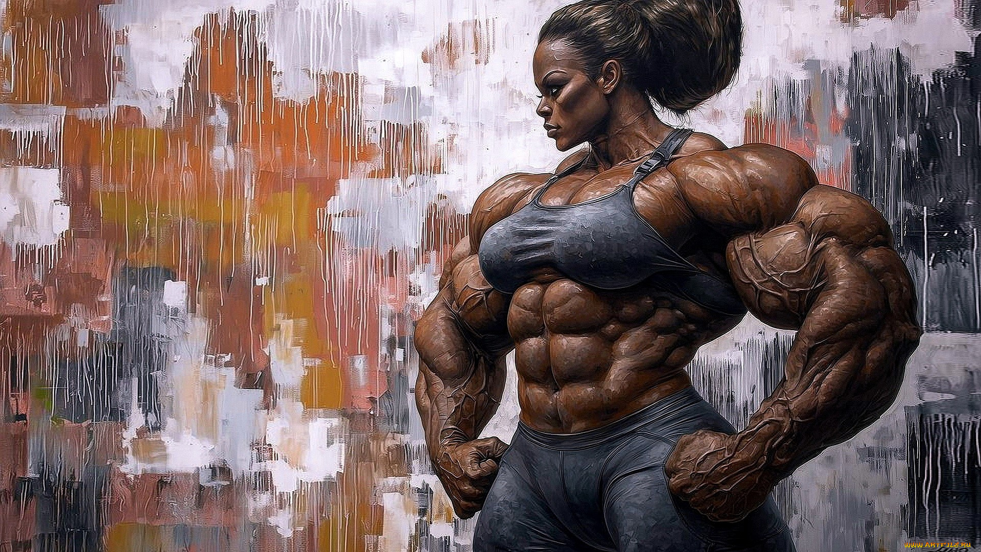 рисованное, люди, женщина, негритянка, мышцы, топ, штаны, абстракция