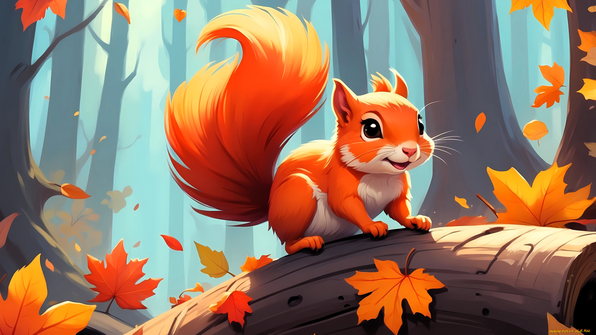 рисованное, животные, , белки, белка, бревно, лес, осень, листья, деревья