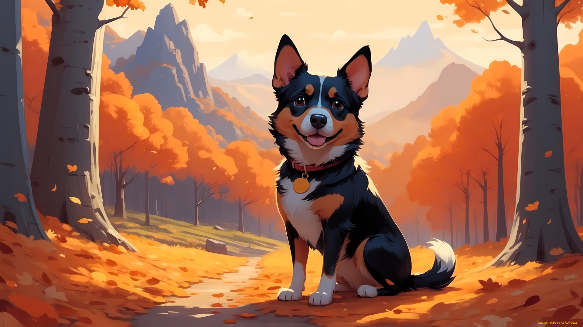 рисованное, животные, , собаки, собака, ошейник, осень, дорожка, деревья, листья, горы, лес