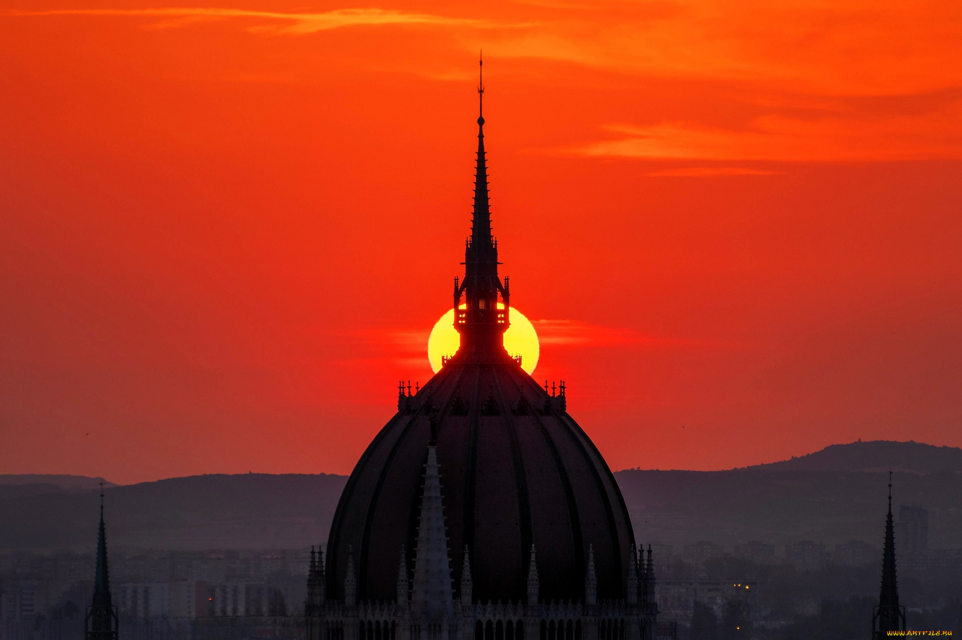 города, -, панорамы, закат, город, солнце, купол, шпили