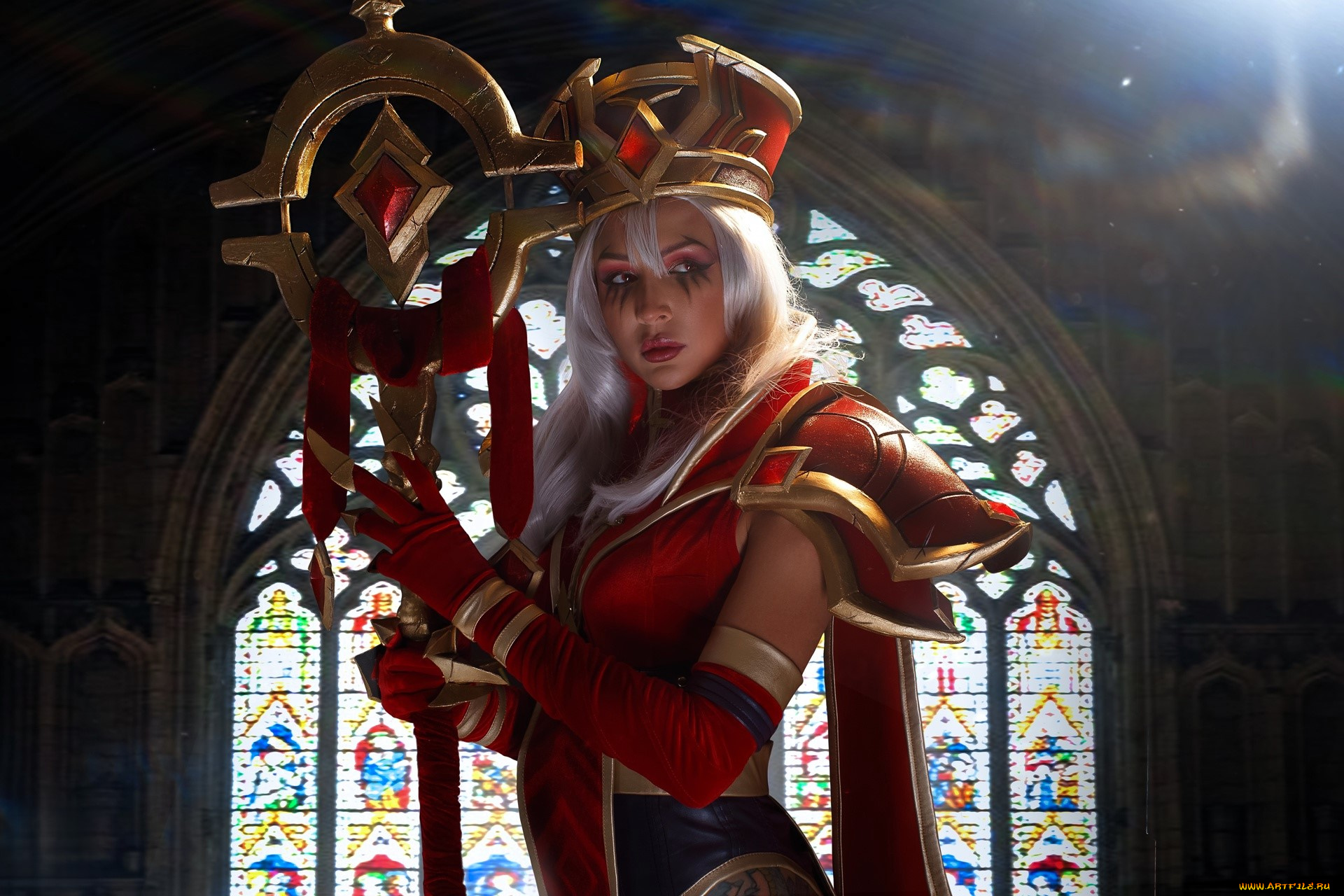 девушки, ольга, кожевникова, , lady, bell, образ, косплей, наряд, костюм, посох, окно, витраж