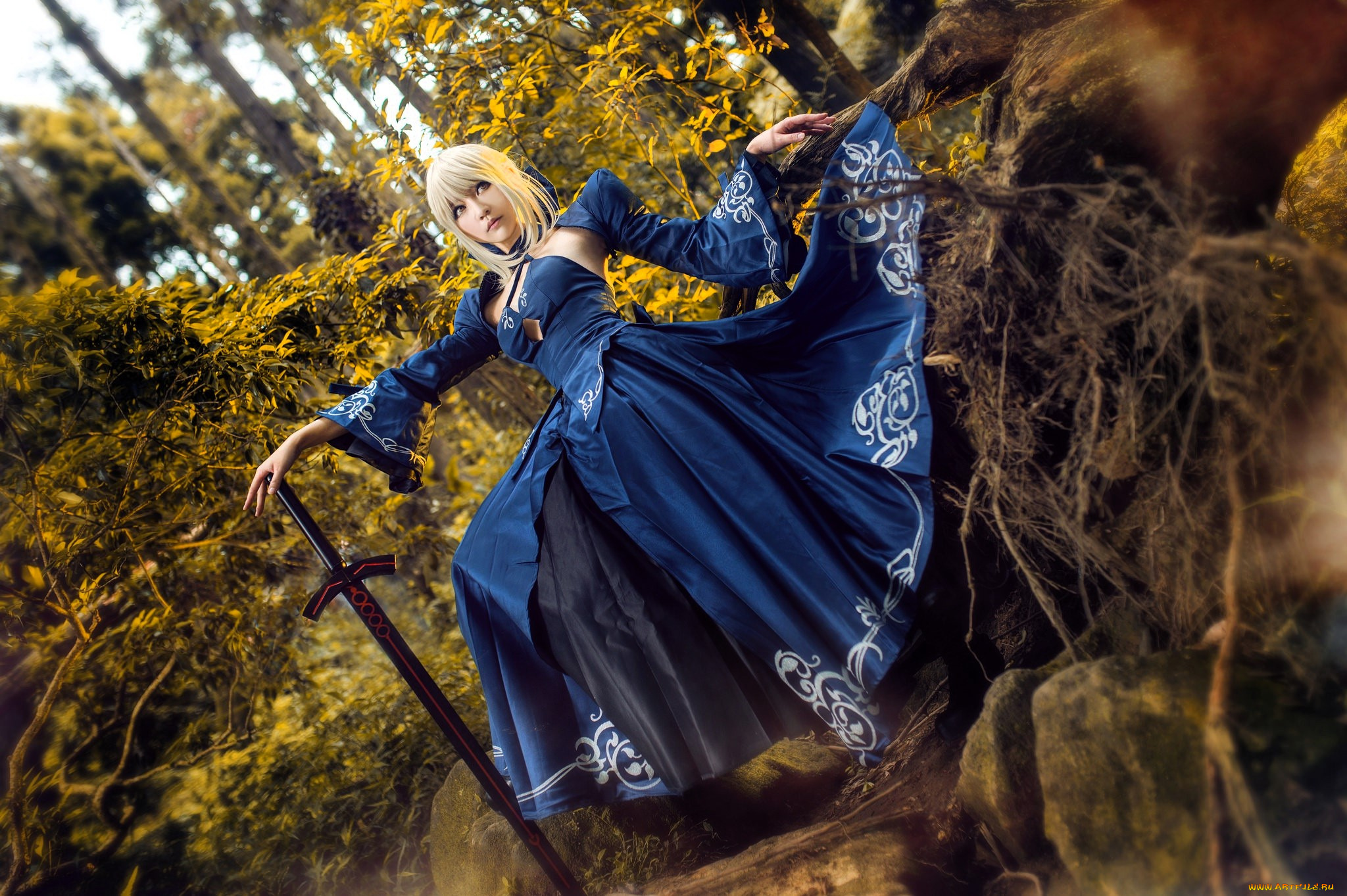 девушки, -, креатив, , косплей, образ, косплей, наряд, костюм, меч, деревья, лес