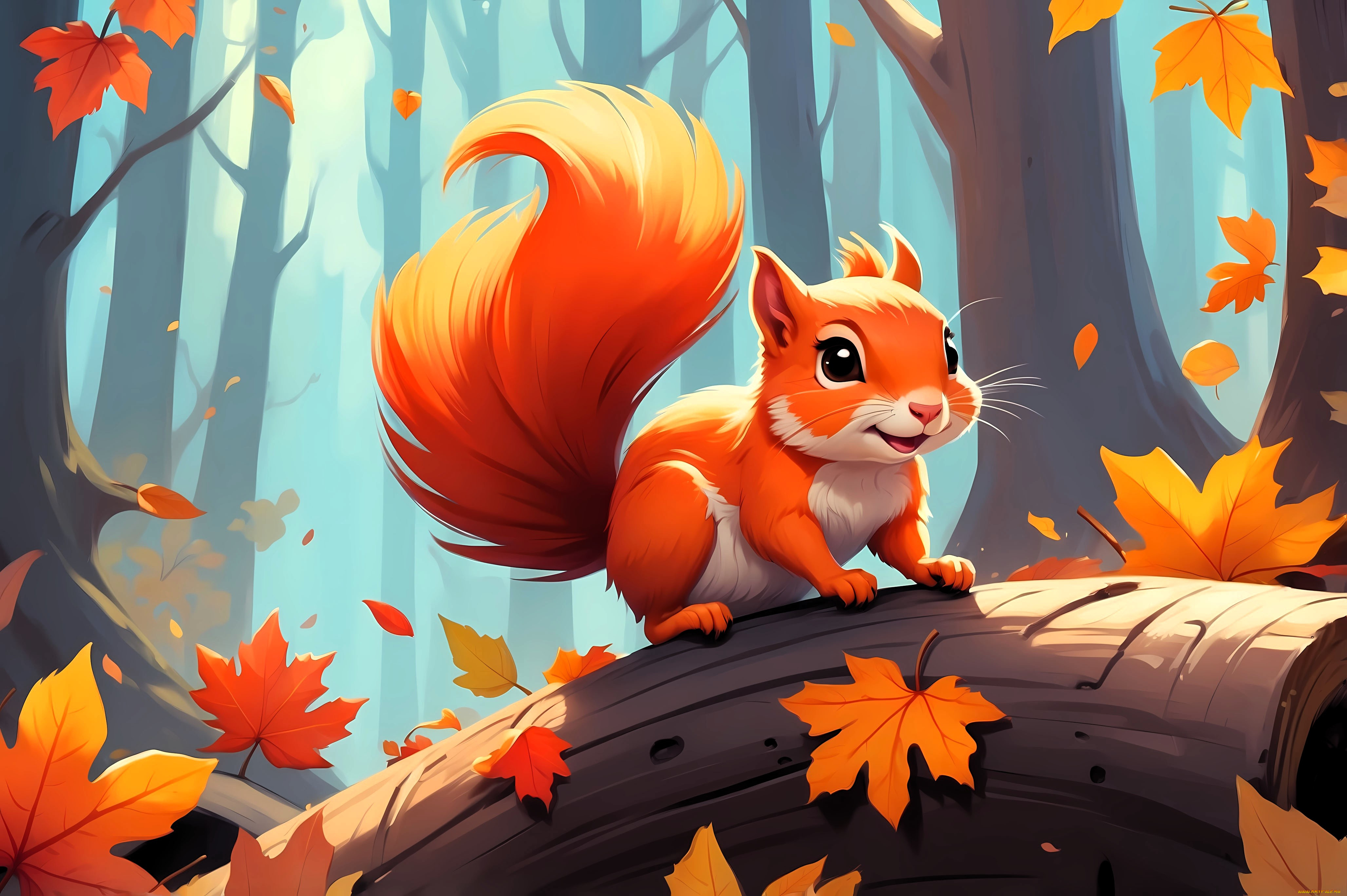 рисованное, животные, , белки, белка, бревно, лес, осень, листья, деревья