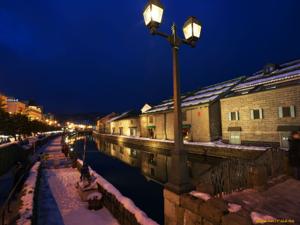 города, огни, ночного, otaru, japan