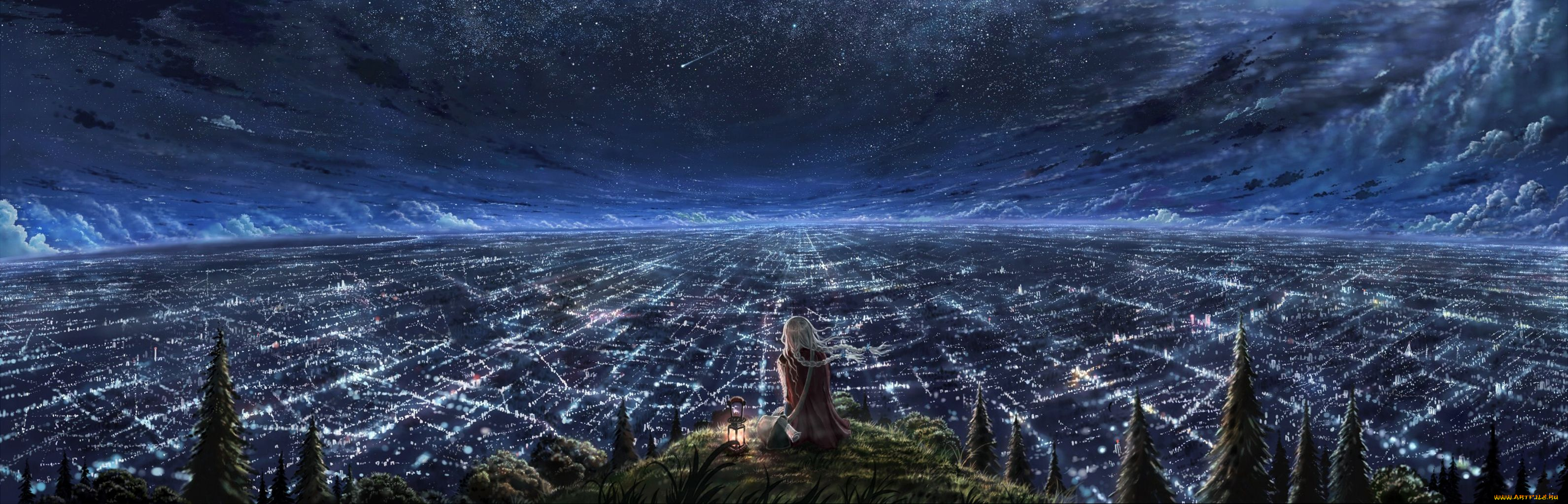 аниме, ночь, девушка, город, небо, звезды, огни, улицы, деревья, фонарь, облака, пригорок