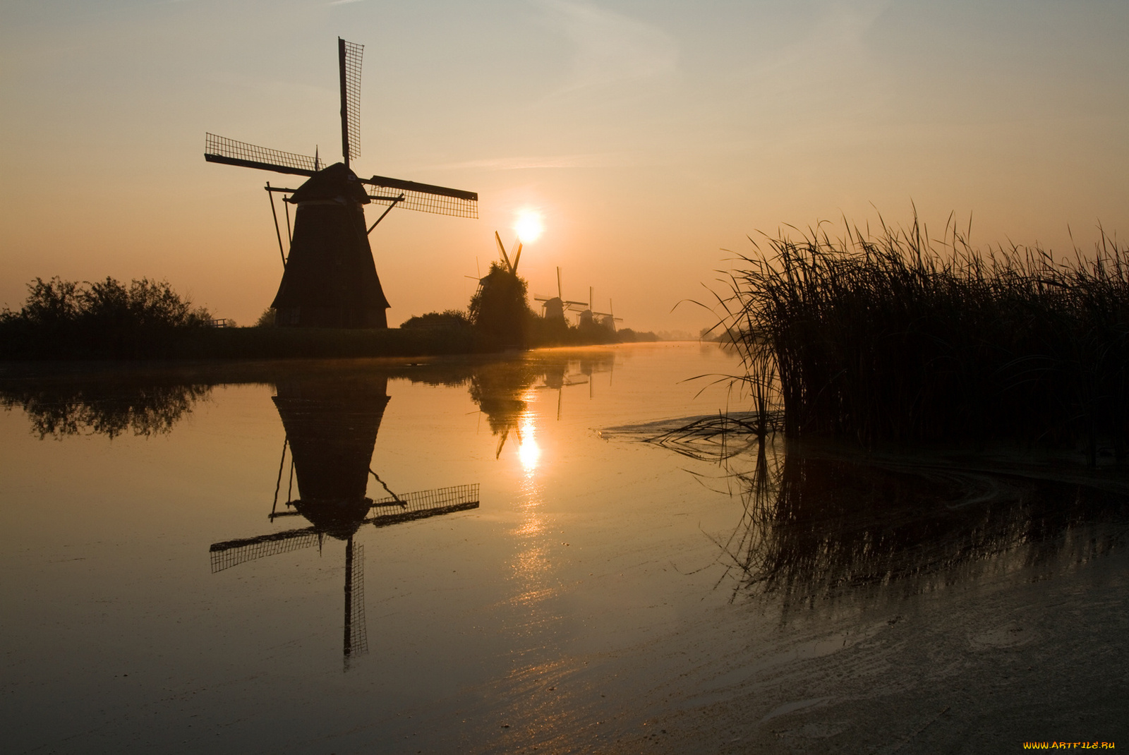 разное, мельницы, вечер, камыш, вода