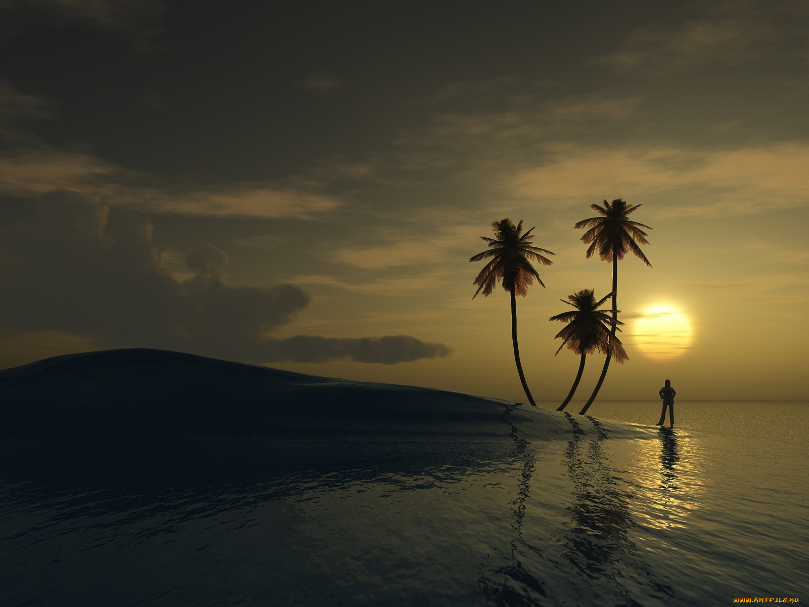 3д, графика, sea, undersea, море, закат, пальмы