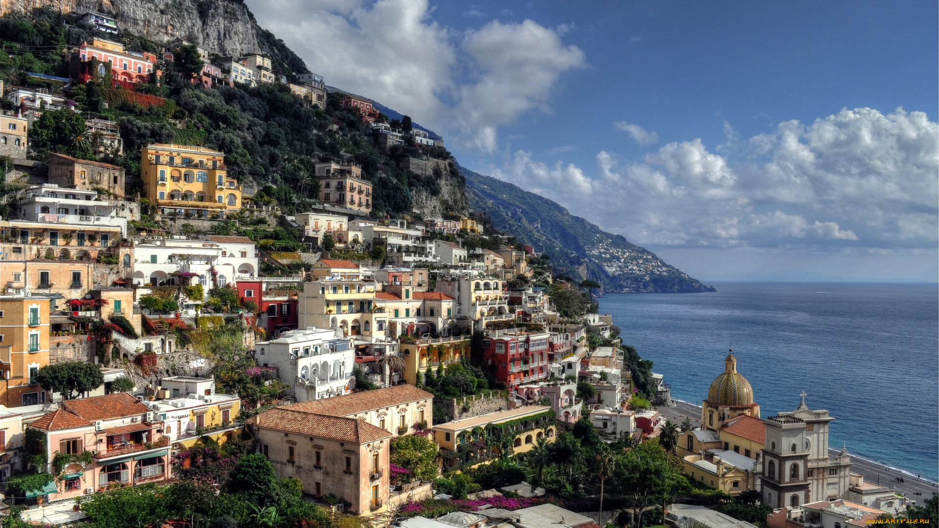 позитано, италия, города, амальфийское, лигурийское, побережье, море, горы, утес, дома
