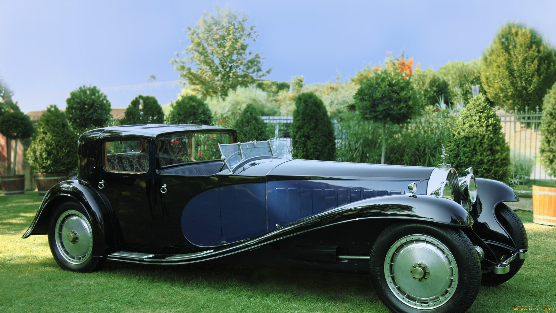 автомобили, bugatti, автомобиль, трава, деревья, забор, небо