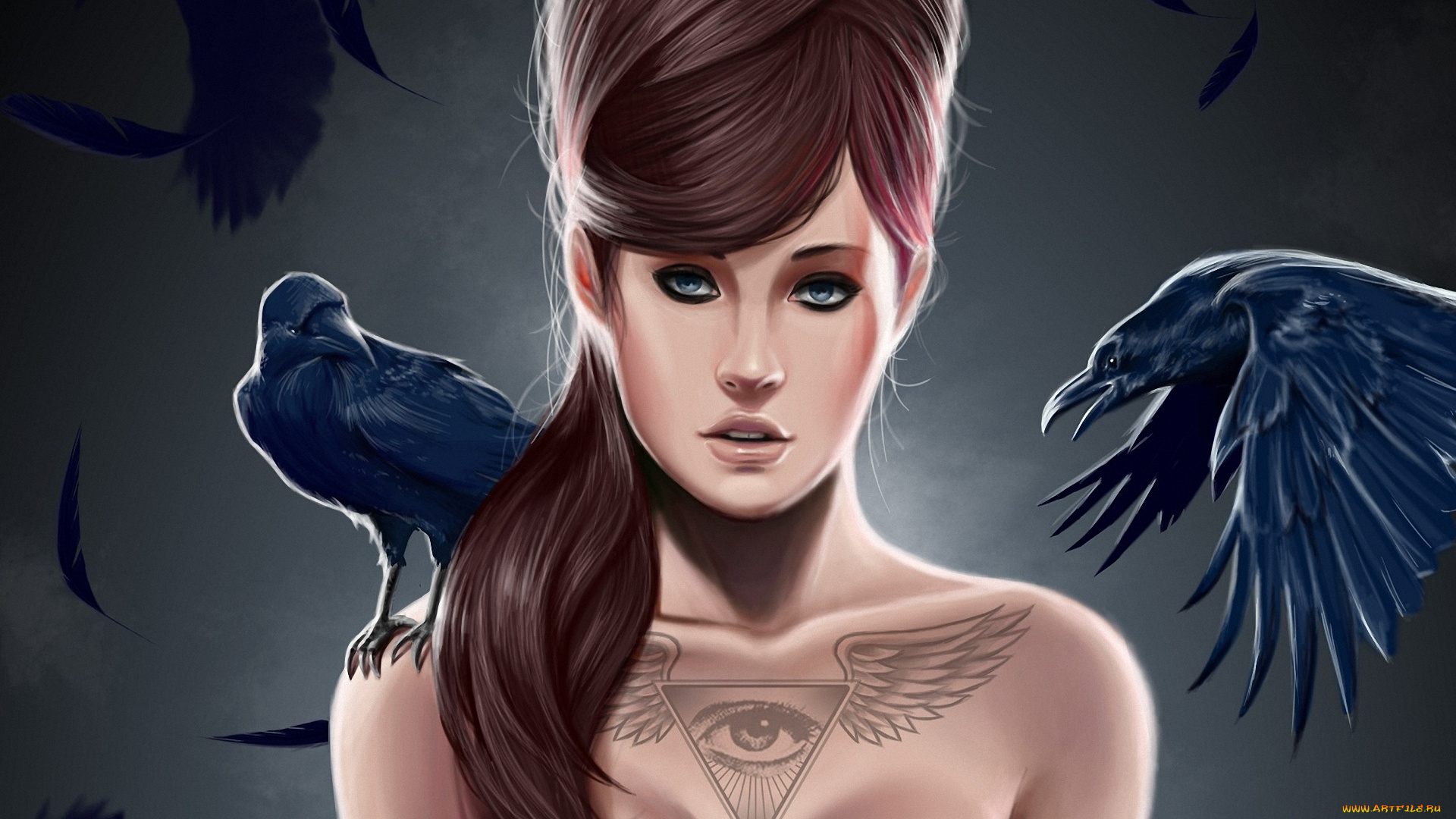 фэнтези, девушки, птицы, прическа, ворон, девушка, тату, треугольник, глаз, крылья, перья
