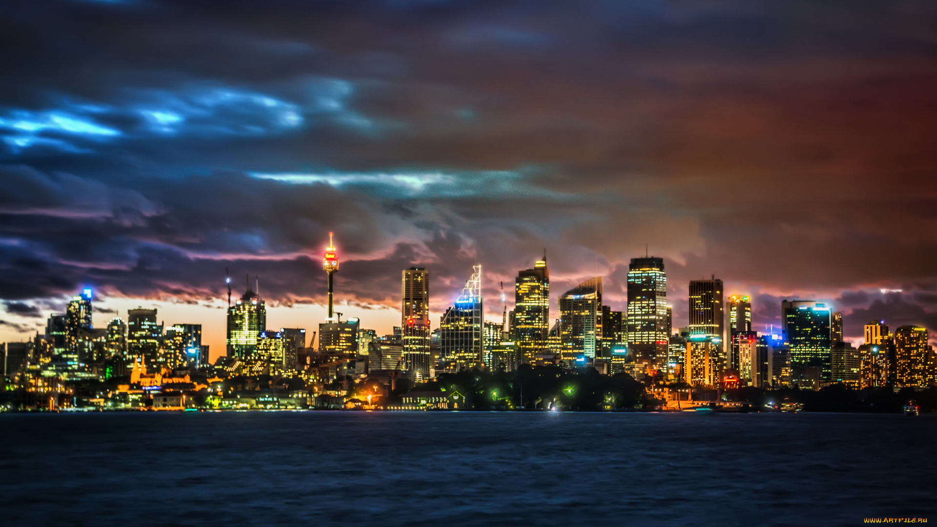 города, сидней, австралия, ночной, город, огни