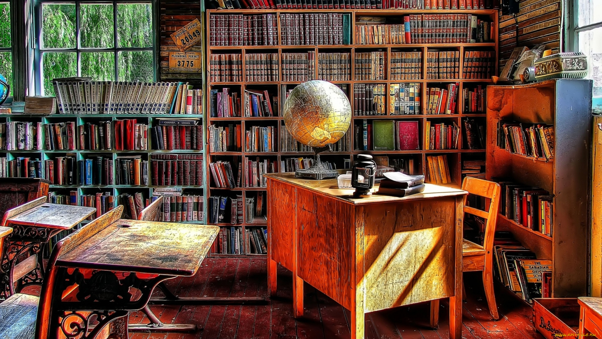 интерьер, кабинет, библиотека, офис, книги, глобус, парты