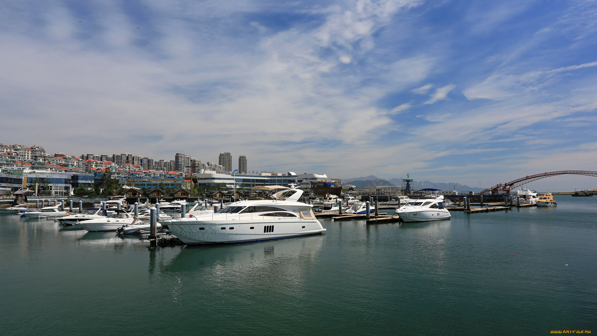 корабли, катера, облака, вода