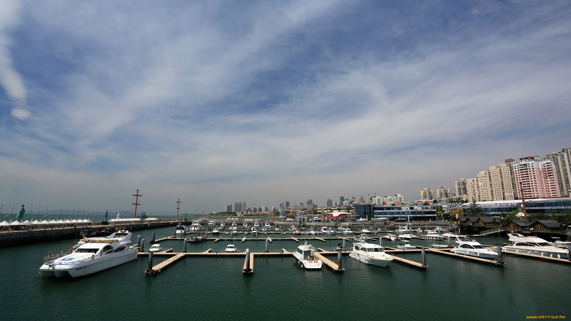 корабли, катера, вода, облака