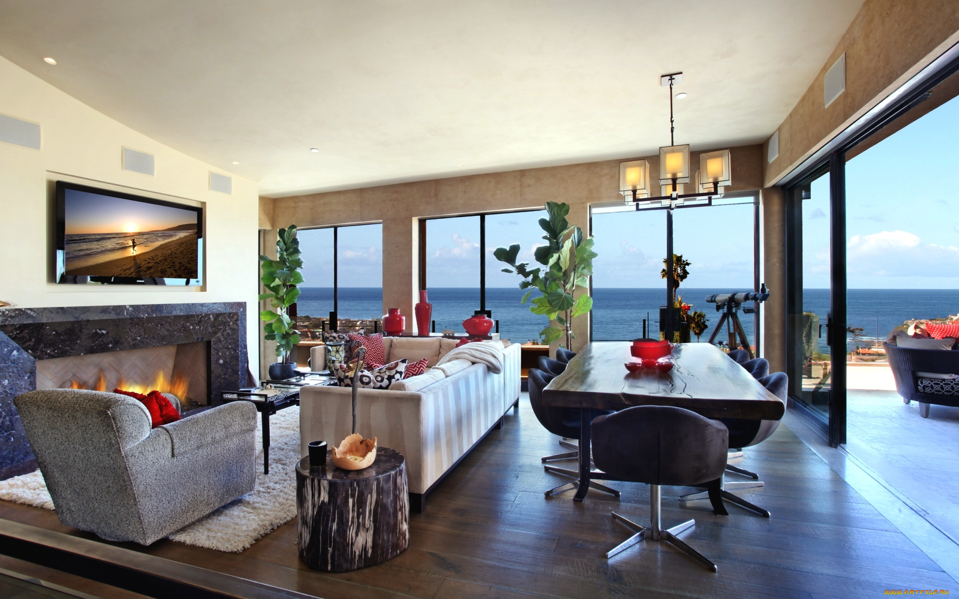 интерьер, веранды, террасы, балконы, телевизор, стол, кресло, диван, камин