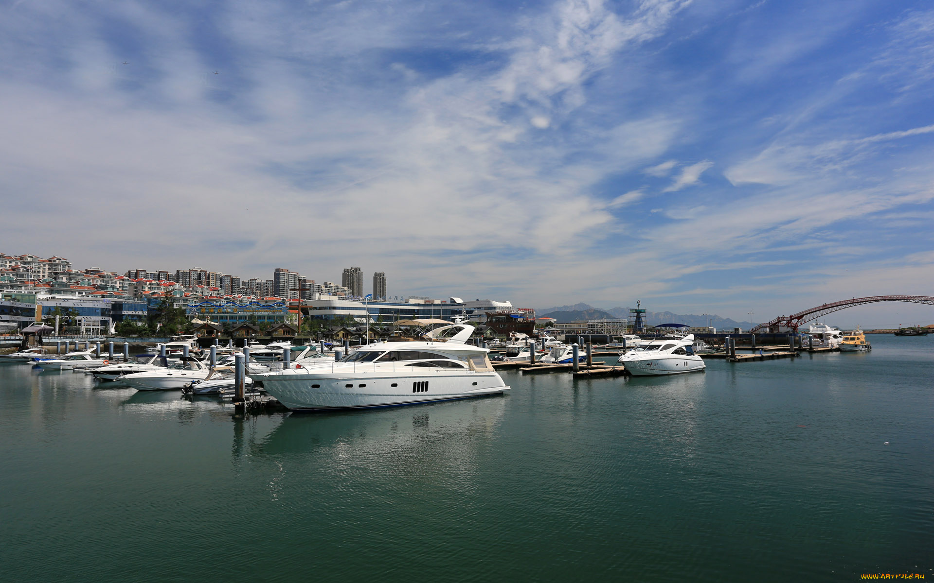 корабли, катера, облака, вода