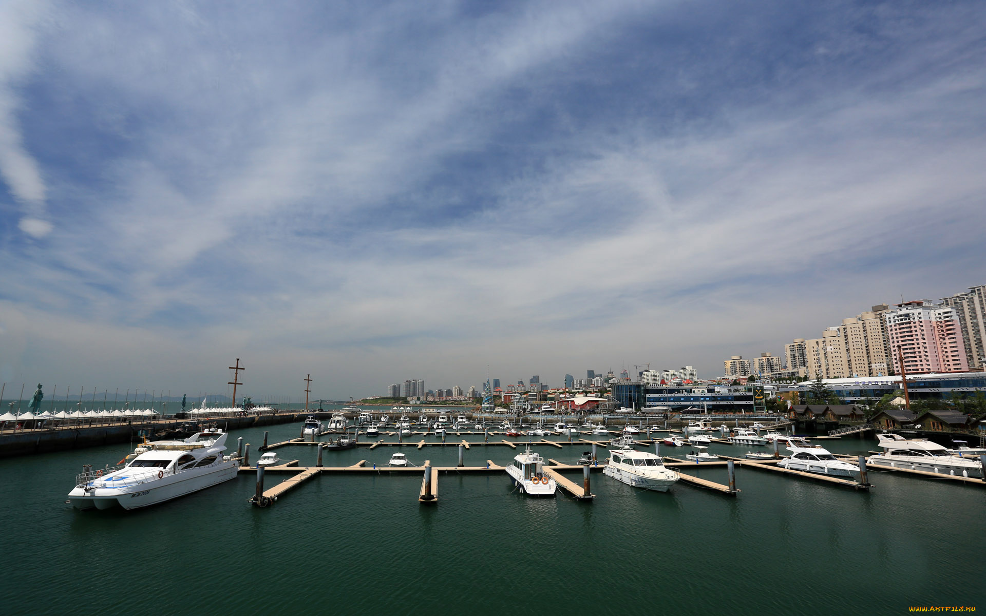 корабли, катера, вода, облака