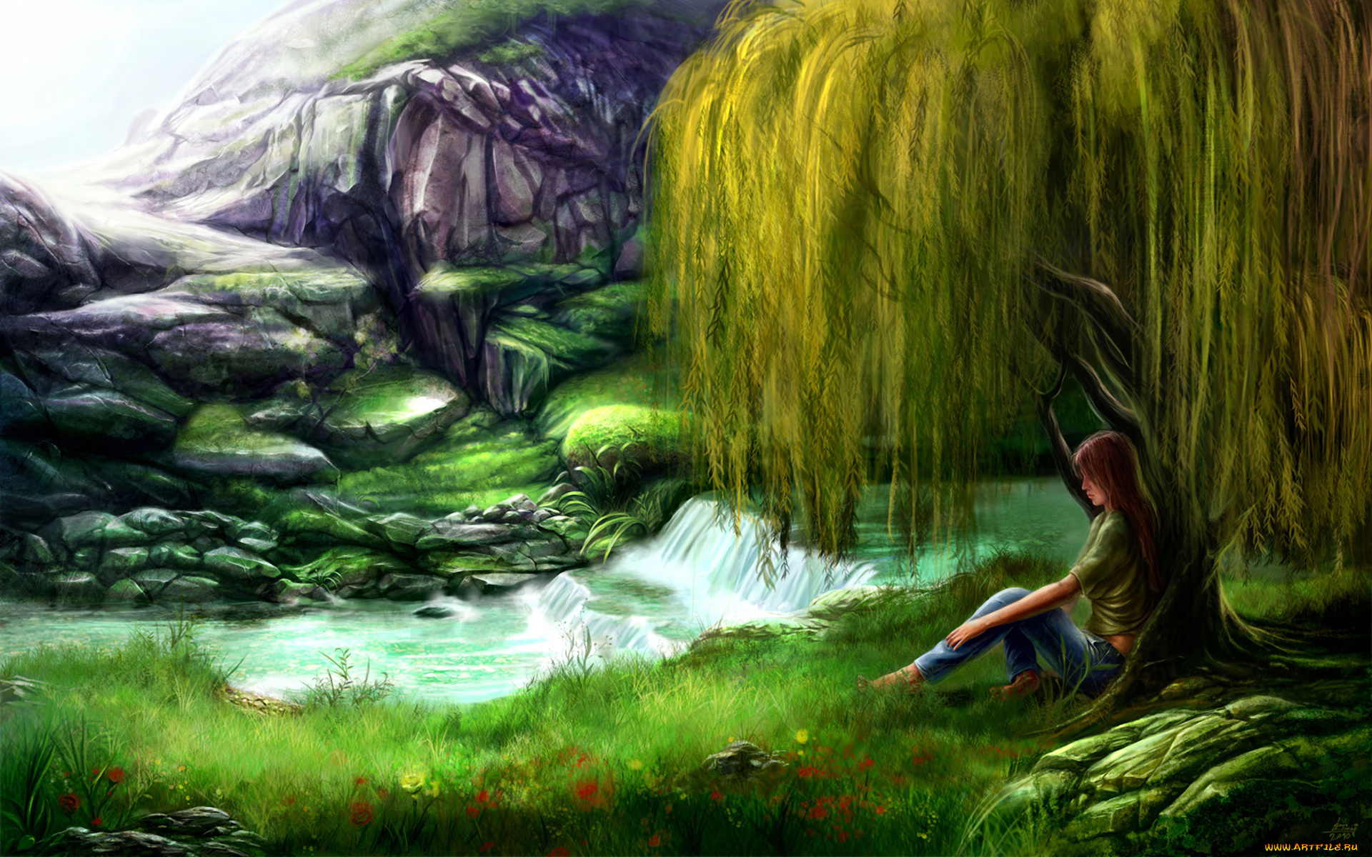 рисованные, живопись, гора, цветы, трава, ива, водопад