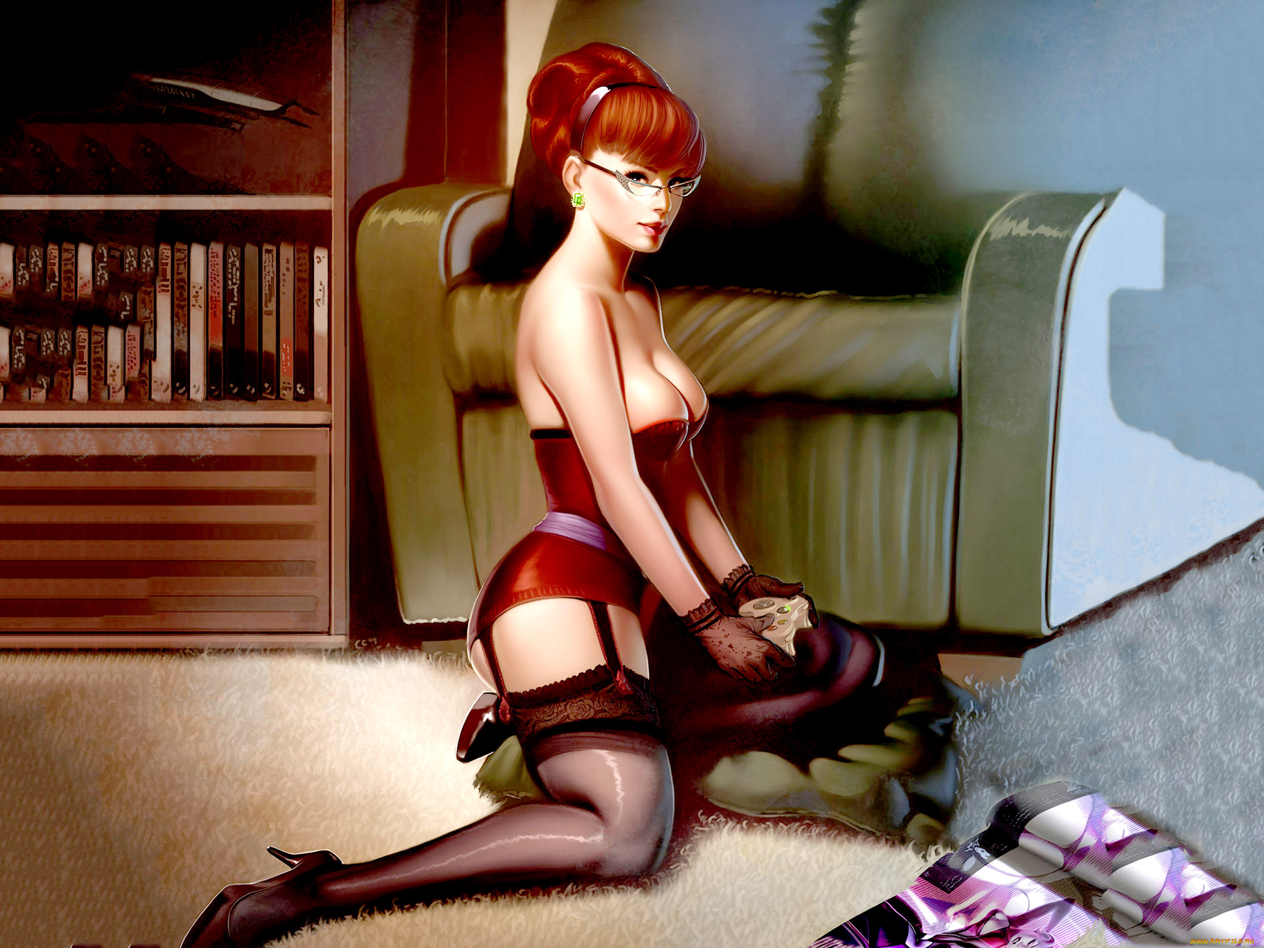 рисованные, люди, чулки, туфли, кресло, журнал, ободок, джойстик, книги, рыжая, очки, корсет, подушка, перчатки, ковер