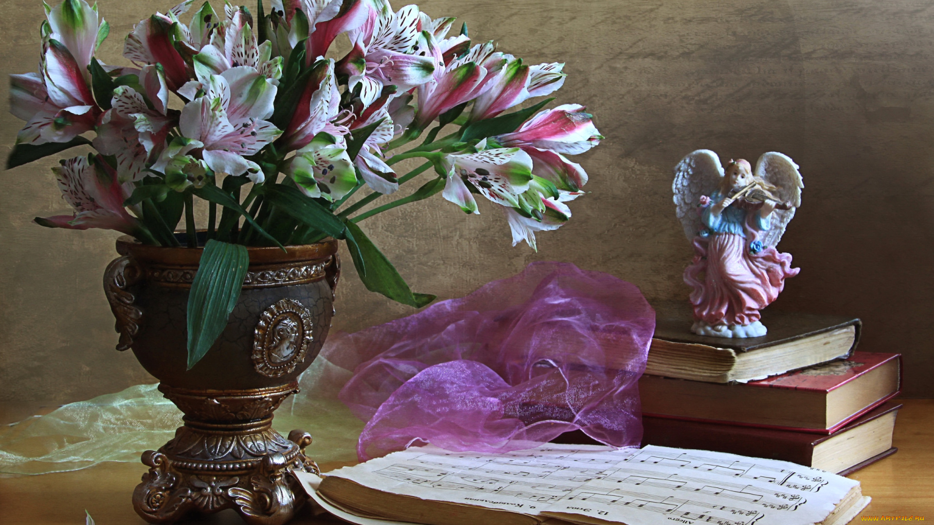 цветы, альстромерия, книги, ноты, ангел, букет