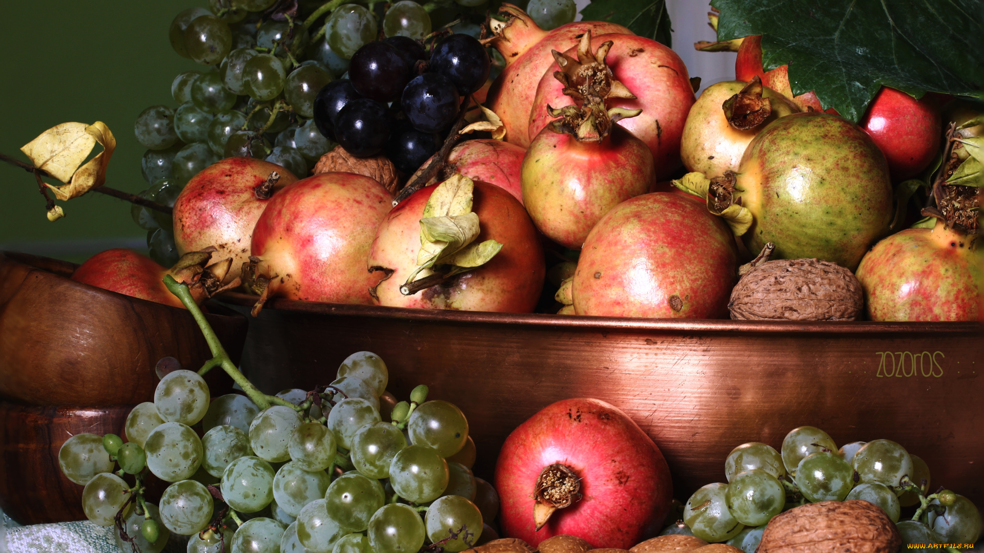 еда, фрукты, ягоды, миндаль, виноград, гранаты, грецкий, орех