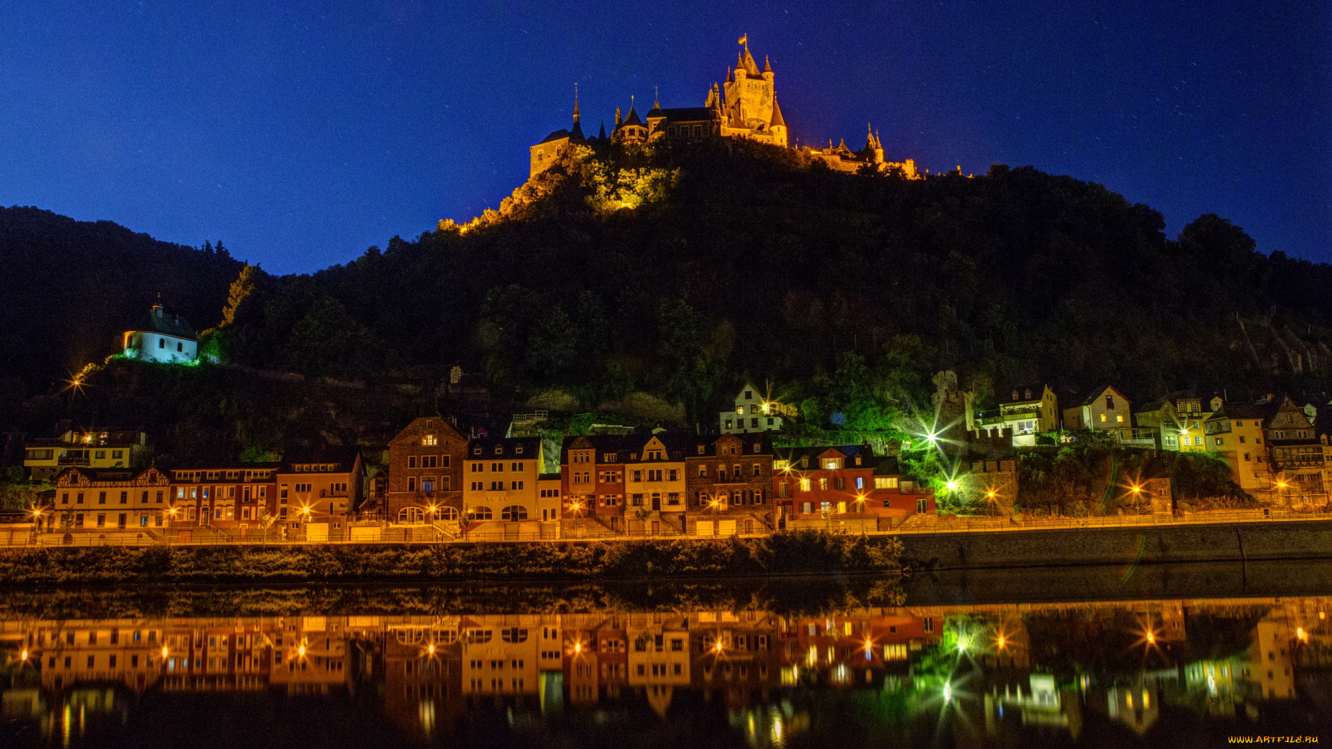 германия, кохем, города, дома, река, огни, ночь, замок