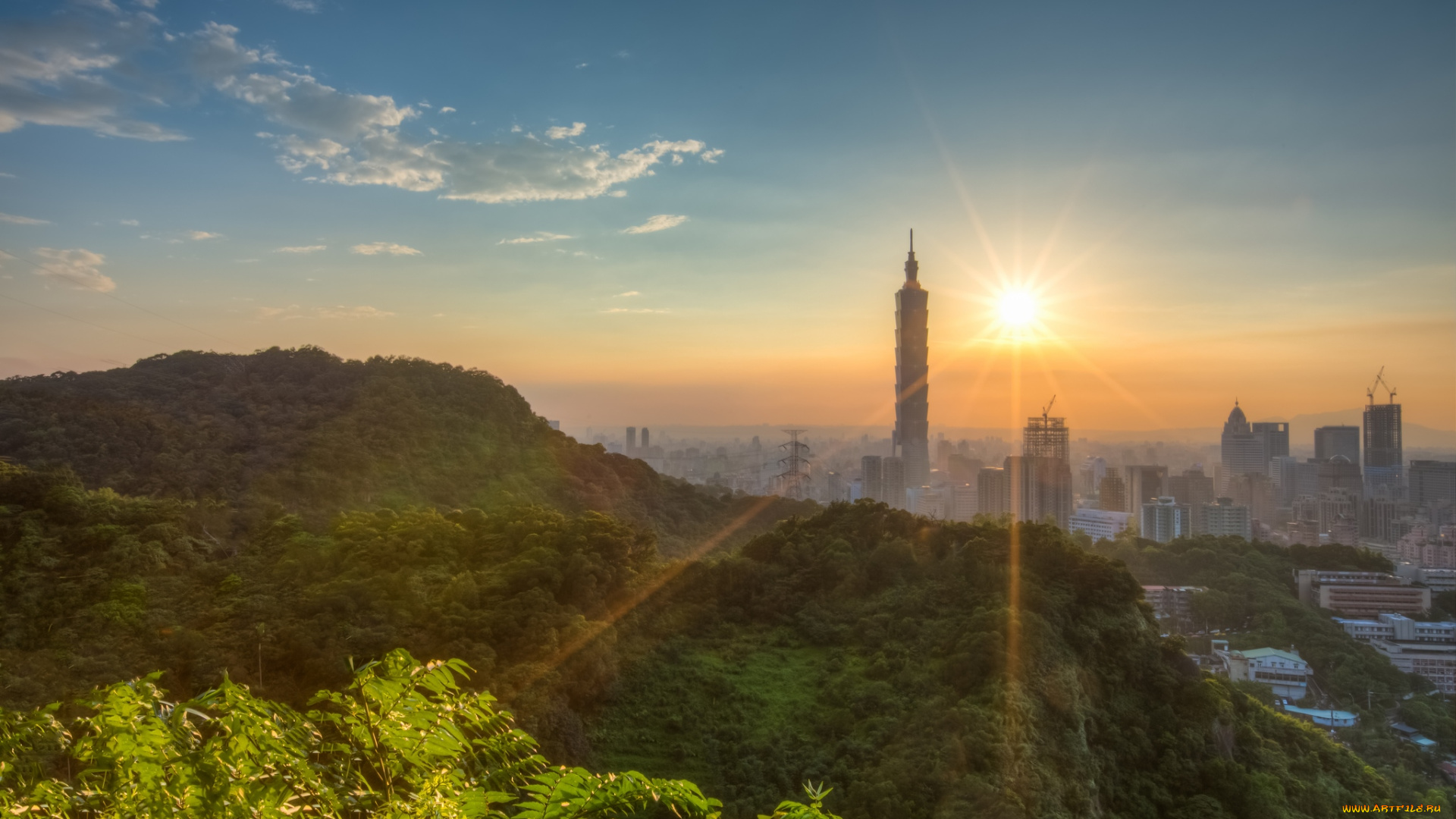 города, тайбэй, тайвань, небоскреб, солнце