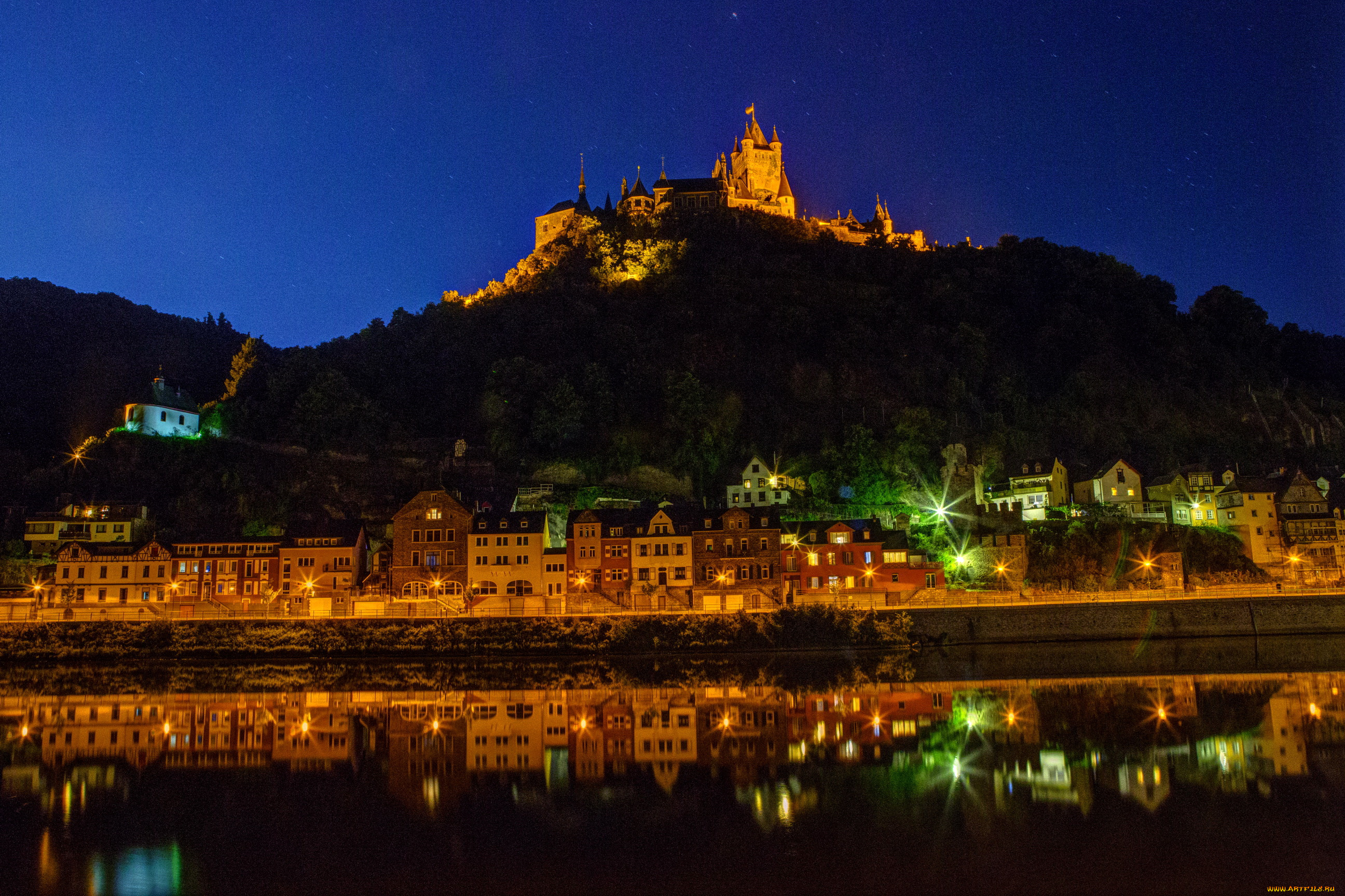 германия, кохем, города, дома, река, огни, ночь, замок