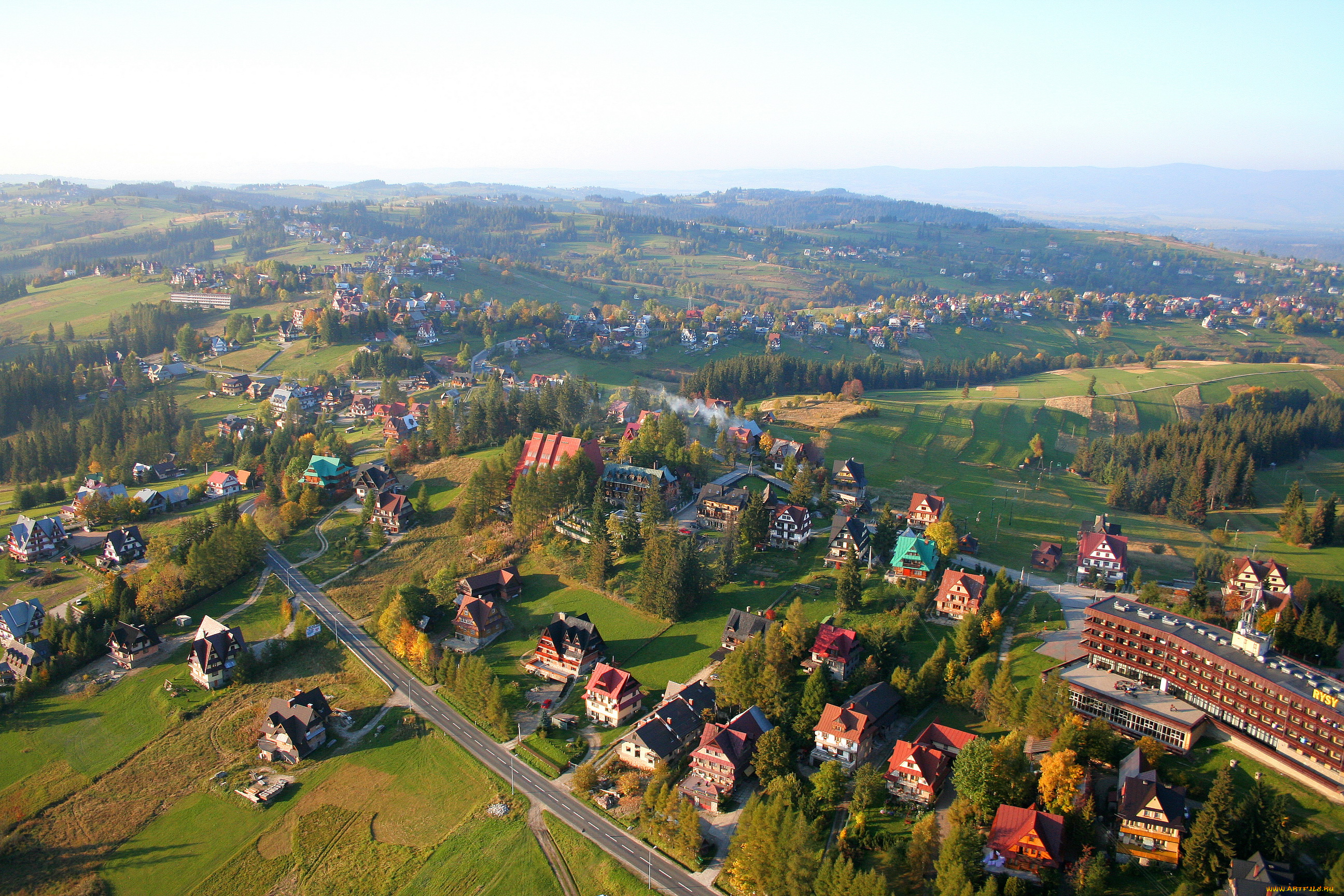 буковина, татшаньская, польша, города, панорамы, дома, поля, деревья, дороги