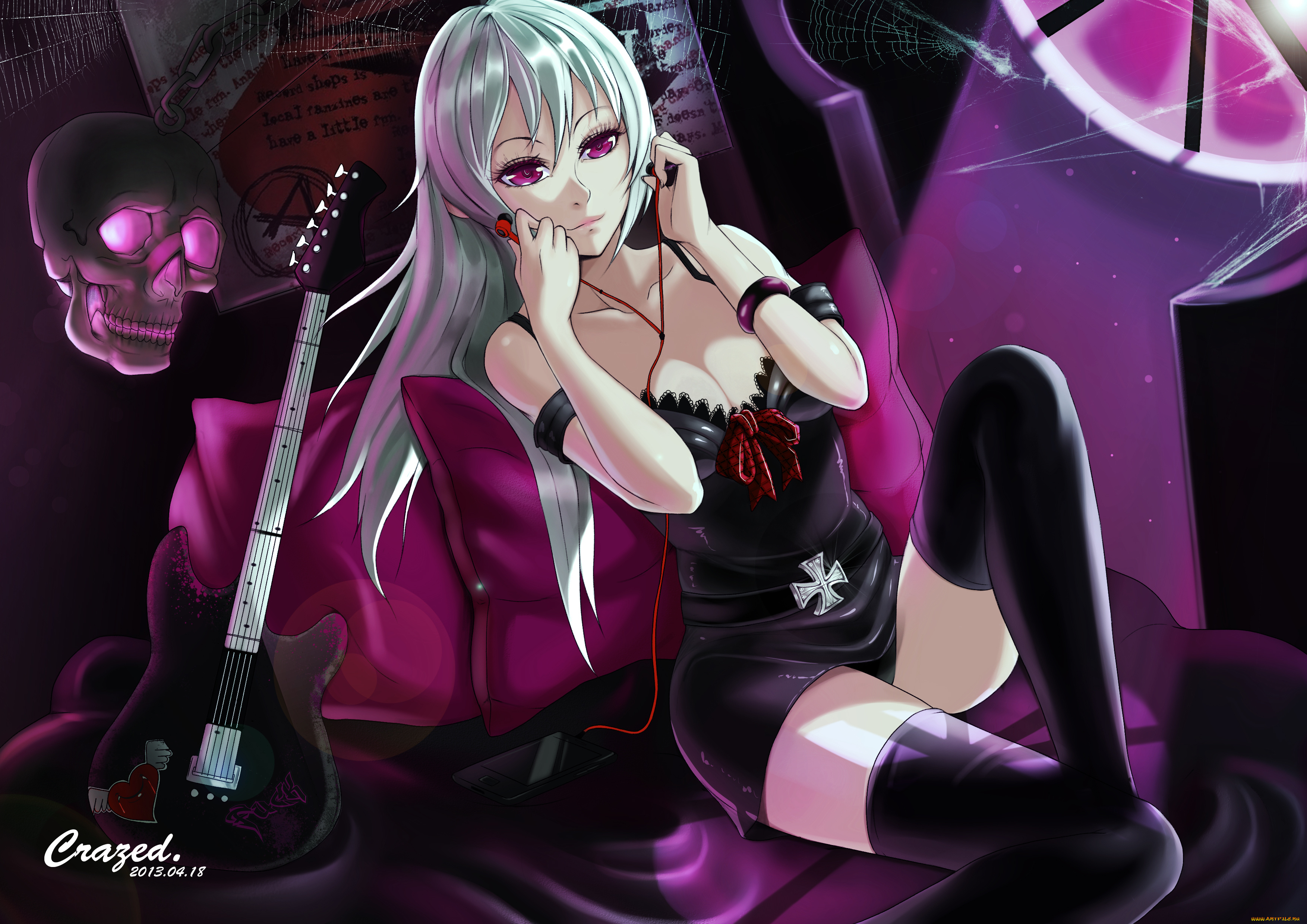 аниме, headphones, instrumental, череп, блондинка, наушники, платье