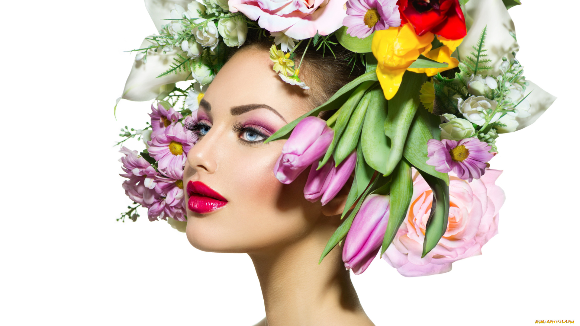 девушки, -unsort, , лица, , портреты, модель, девушка, цветы, волосы, губы, весна, макияж, взгляд, белый, фон, шея