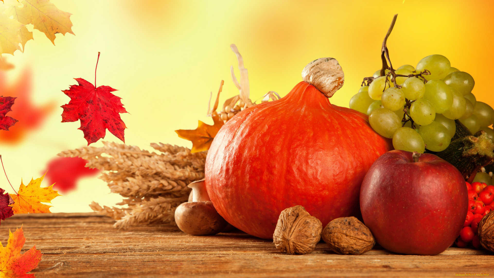 еда, фрукты, и, овощи, вместе, осень, урожай, виноград, грибы, яблоки, тыква, фрукты, овощи