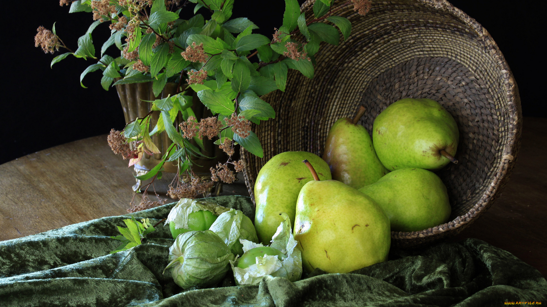 еда, груши, скатерть, корзина, цветок