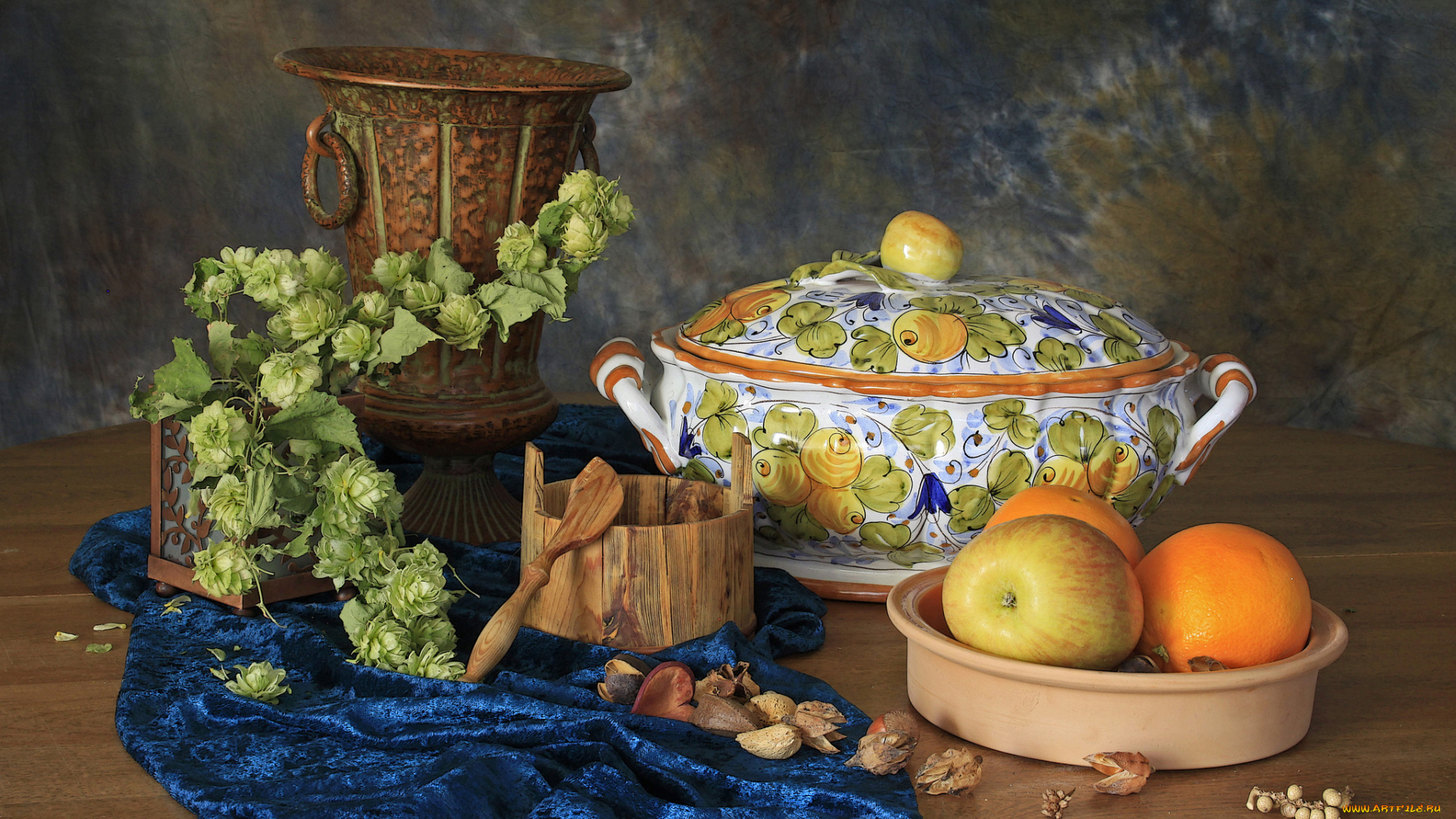 еда, натюрморт, яблоко, апельсин, хмель, посуда