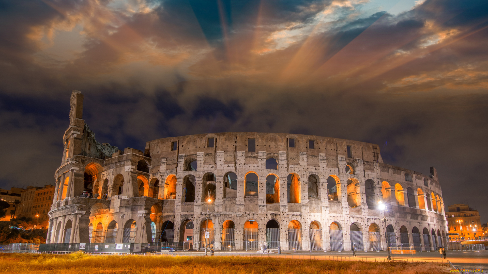 города, -, исторические, , архитектурные, памятники, ночь, огни, италия, рим, коллизей, развалины