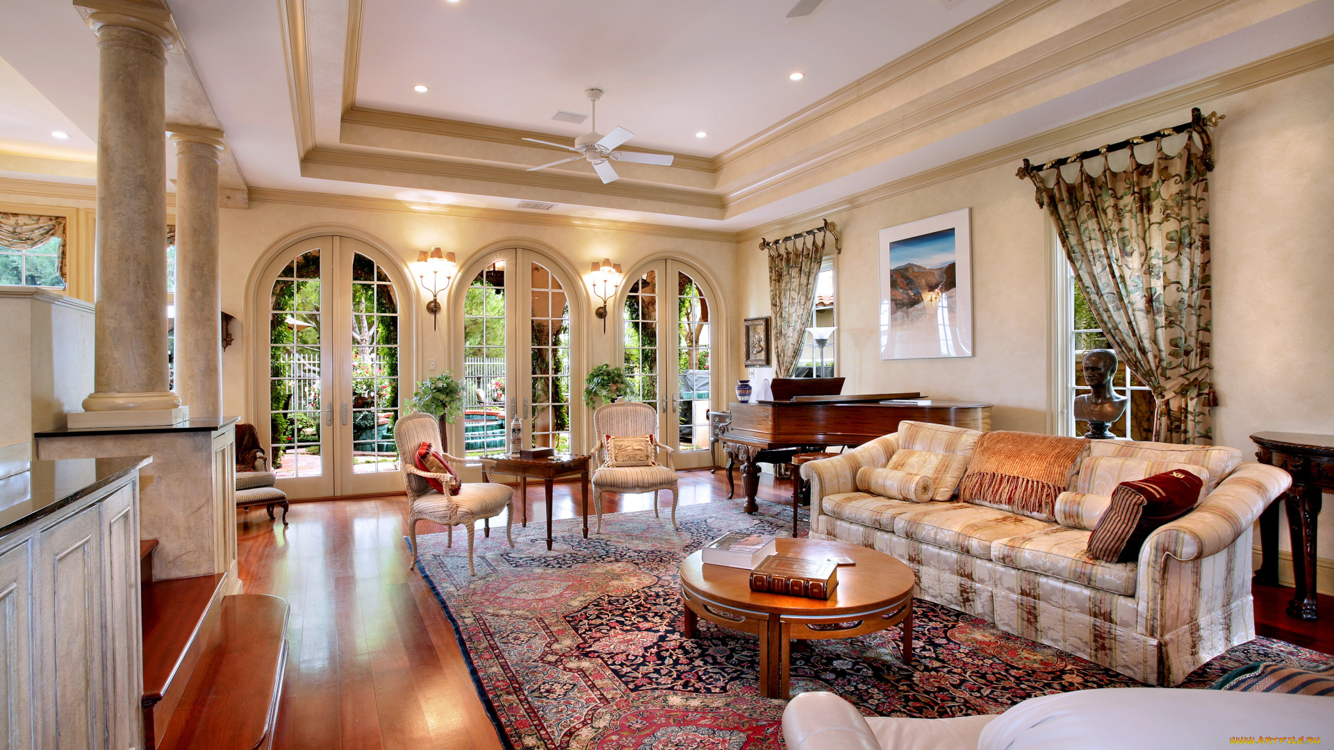 интерьер, гостиная, ковер, диван, кресло