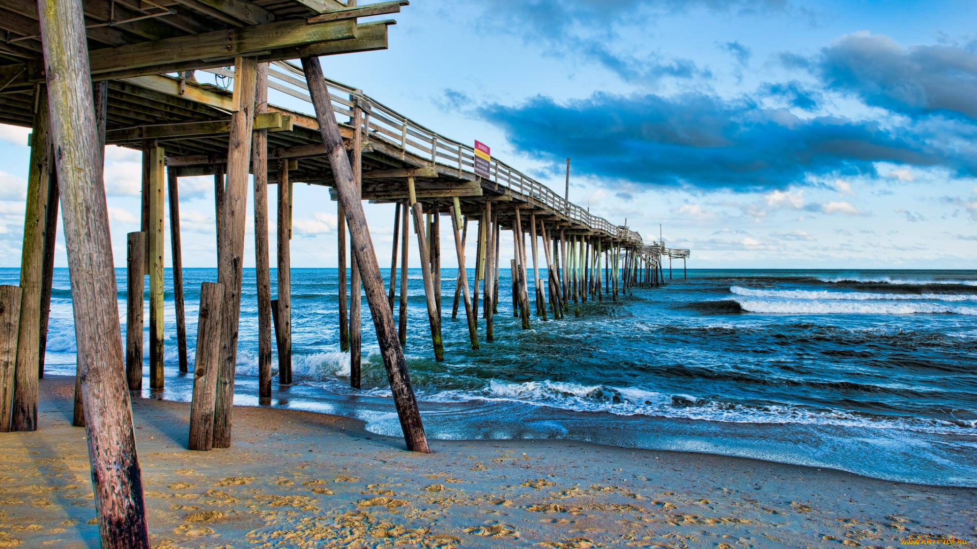 природа, побережье, океан, пляж, мост, сваи