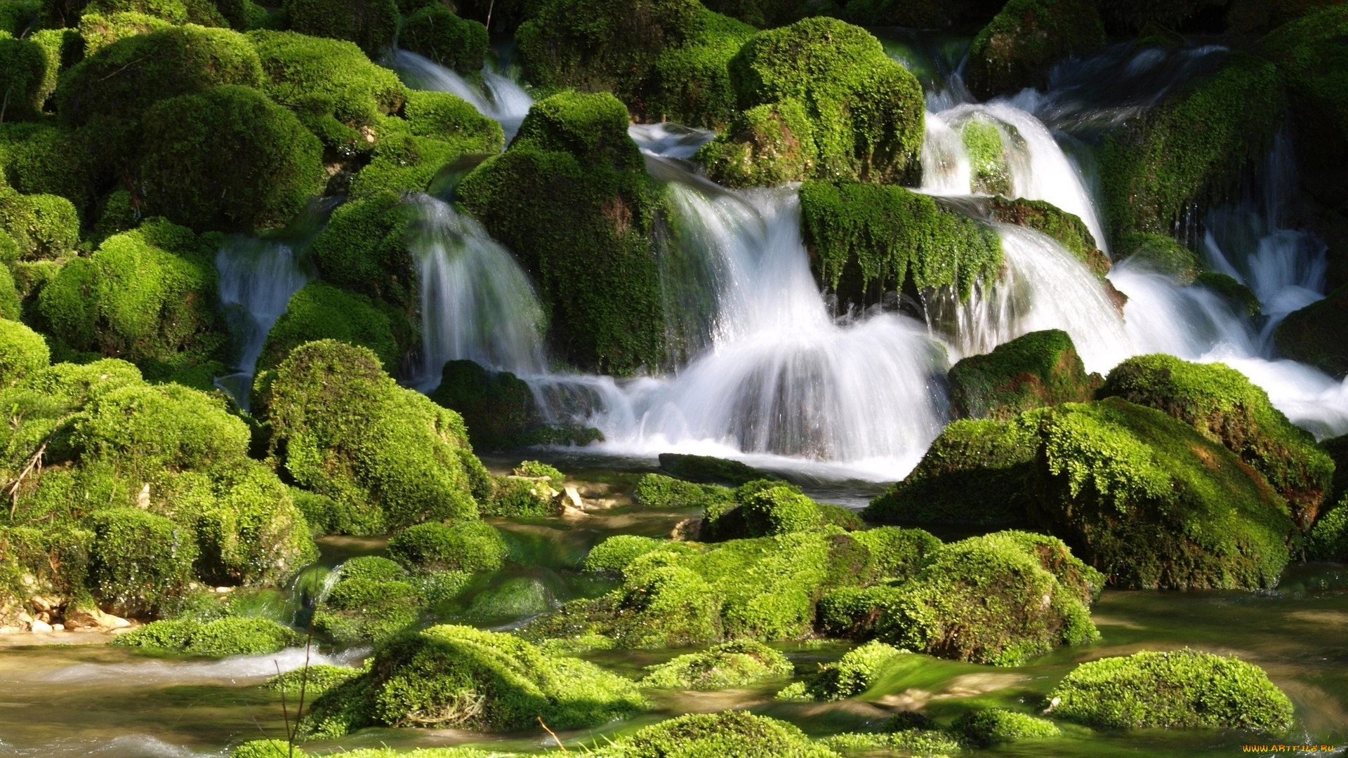 природа, водопады, скала, камни, поток