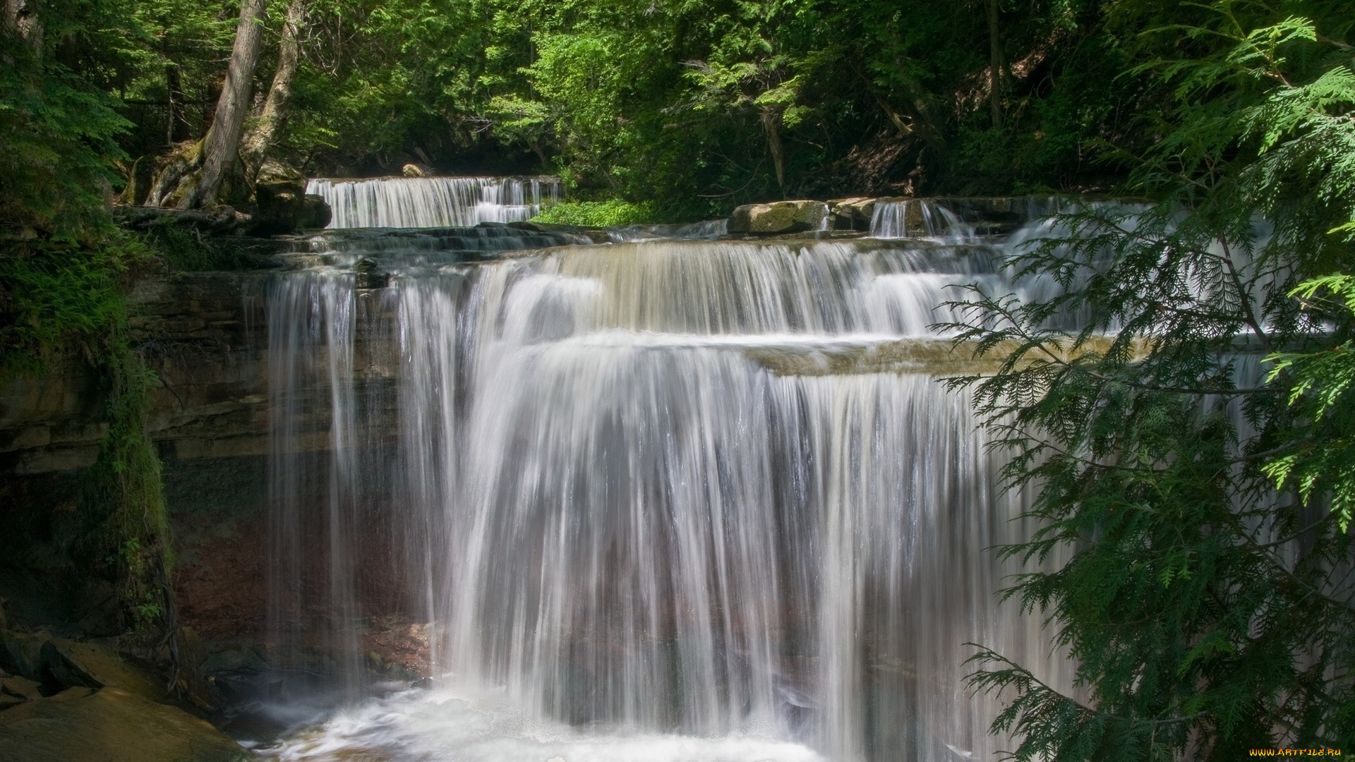 природа, водопады, скала, лес, поток