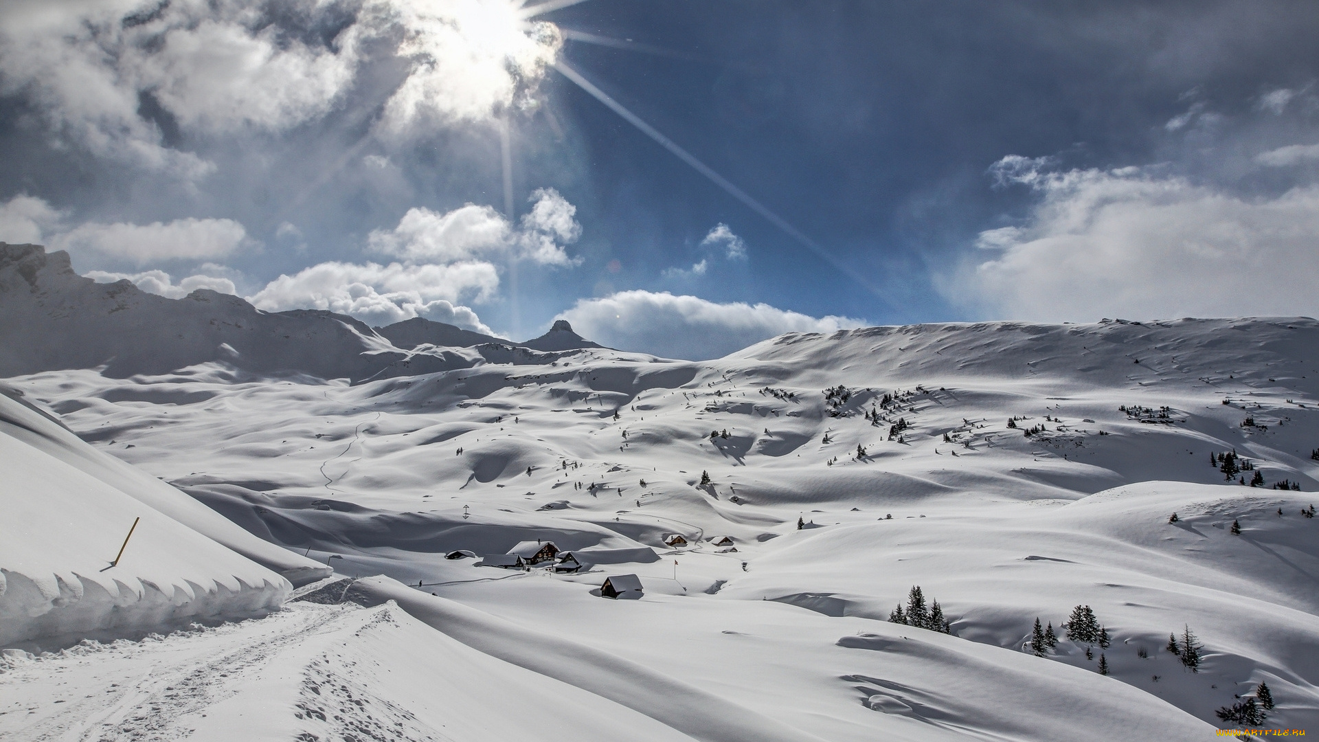 природа, зима, горы, облака, снег