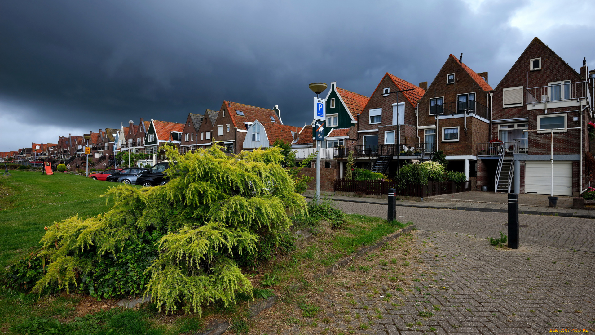 волендам, нидерланды, города, -, улицы, , площади, , набережные, сумерки, улица, дома, волендам, нидерланды
